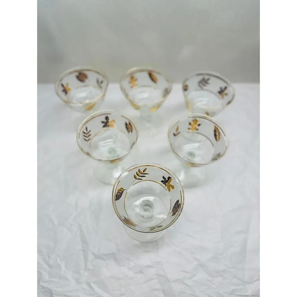 Vintage Libbey Gold Foliage Coupe Glasses Set 6